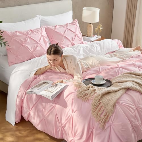 Image of Andency Twin Pinch Pleat Comforter Set (66 inchx90 inch),3 Piece Lightweight Pintuck Bedding Comforters & Sets, Fluffy Down Alternative Comforter with 2 Pillow Shams for All Season,White