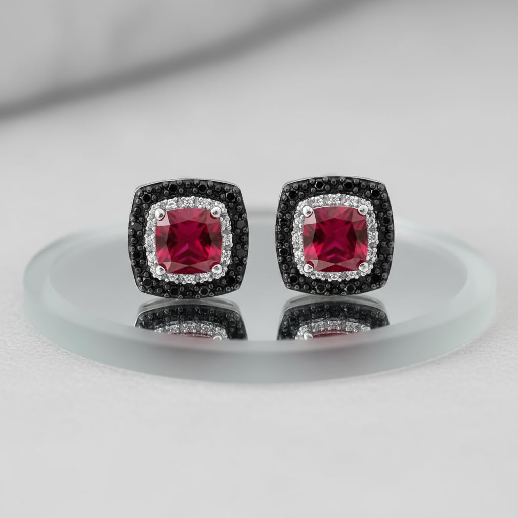 Jewelili Cushion Gem Stone with Black and White Diamonds Halo Stud Earrings in Sterling Silver. Choice of Ruby, Emerald, Blue Sapphire, Blue Topaz, Or Opal