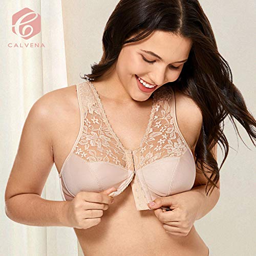 Calvena Women's Front Closure Bra Full Coverage Wirefree Lace Plus Size Bra Racerback Beige 34B #TOP3