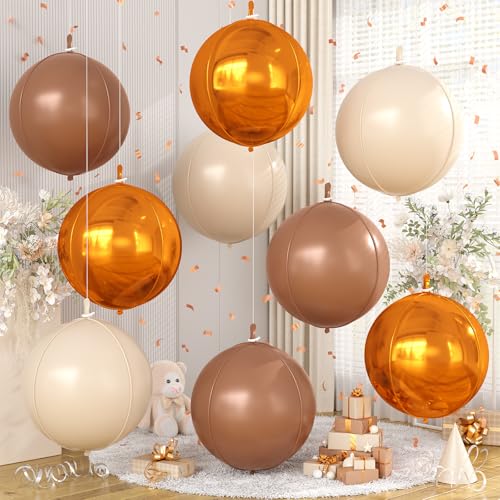 Image of 9 Pcs Retro Beige Orange Brown Round Foil Balloons,22 Inch Round Balloons