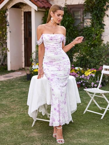 Image of KUTUMAI Off The Shoulder Maxi Long Dress Corset Ruched Bodycon Cocktail Formal Wedding Guest Dresses for Women