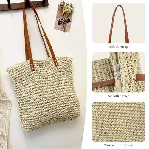 Image of Straw Beach Bags for Women - Woven Tote Bag Large Shoulder Handbags Summer Boho Straw Purse for Vacation
