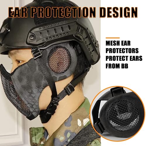 Yzpacc Airsoft Mask with Goggles, Foldable Half Face Airsoft Mesh Mask with Ear Protection for Paintball Shooting CS Game