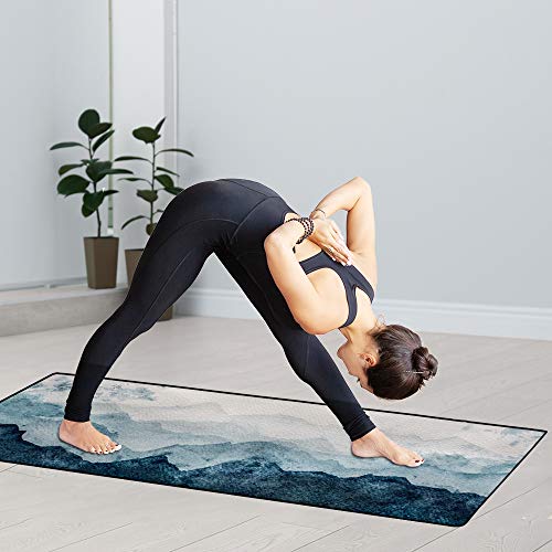 Qiyi Yoga Mat Towel With Corner Pockets, Non Slip Sweat Absorbent Hot Yoga Towels, Soft Yoga Blankets With Travel Bag, Skidless Mat Cover For Workout, Gym, Fitness - 70"X26", Watercolor Mountain #TOP6