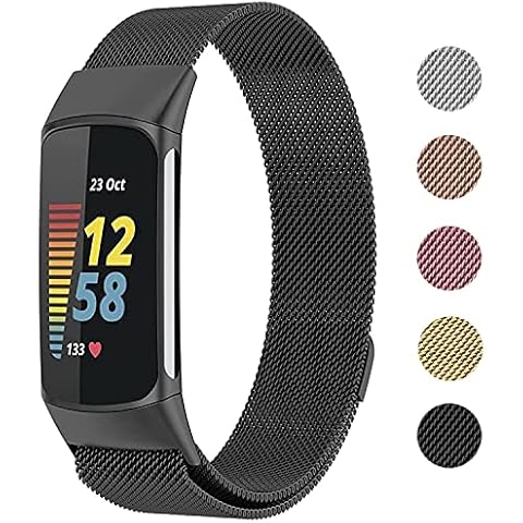 Metal Mesh Loop Bands for Fitbit Charge 5/Charge 6 Band for Women Men, Adjustable Stainless Steel Wristbands Replacement Straps for Charge 5/6 Activity Tracker(Black-L) Cover
