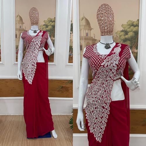 Image of Ready to Wear Faux Georgette Saree with Fully Embroidered Stylish Blouse | Pre-Stitched Saree for women