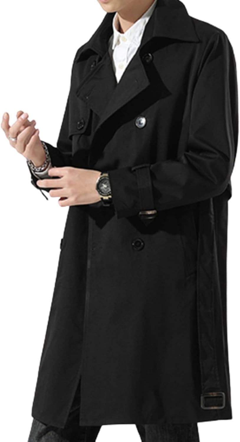 RAMEMO] メンズ スプリングコート ロング ダブルブレスト