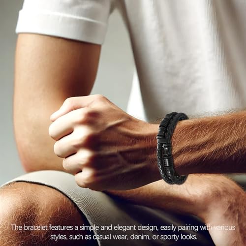 Pulsera de cuero trenzado negra con ornamentos de acero inoxidable miniatura 2