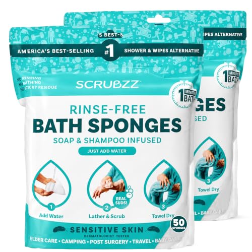 Image of Scrubzz Disposable No Rinse Bathing Wipes for Sensitive Skin - All-in-1 Single Use Shower Wipes, Simply Dampen, Lather, and Dry Without Shampoo or Rinsing (Sensitive Skin, 2-Pack)