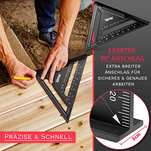 Kirner - 5in1 Zimmermannswinkel 30cm [ PROFI VERSION 2024 ] anreißen messen uvm - alles in einem - Schreinerwinkel aus hochwertigem Aluminium, Anschlagwinkel, Winkelmesser, Anreisswerkzeug