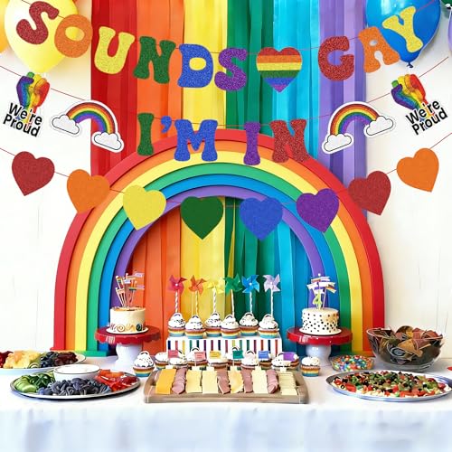 Image of Pre Strung Sounds Gay I'm In Banner Pride Month Decorations, Glitter Rainbow Sign for LGBTQ+ LGBT Party Lesbian Gay Bisexual Transgender Queer Celebration Home Indoor Photo Props Backdrop Decor