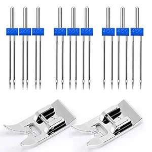 9Pcs Sewing Machine Double Needle Twin Needles (Size 2.0/90 3.0/90 4.0/90) & 2Pcs Universal General Purpose Zig Zag Presser Foot