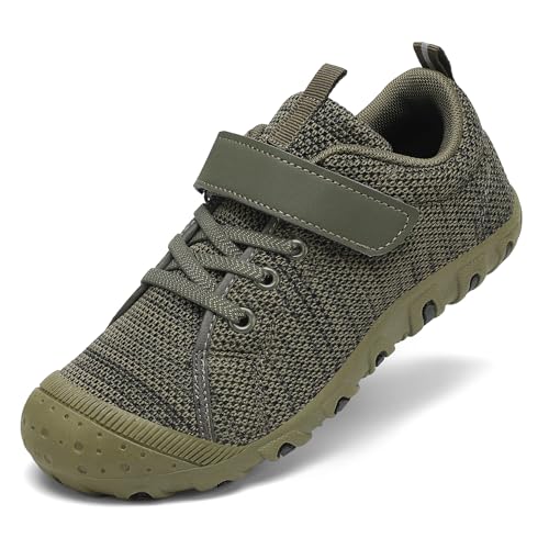 JEJQN Barefoot Shoes Toddler Girl Sneakers Non Slip Kids Trail Running Shoes with Hook and Loop Boys Walking Green 7 Toddler