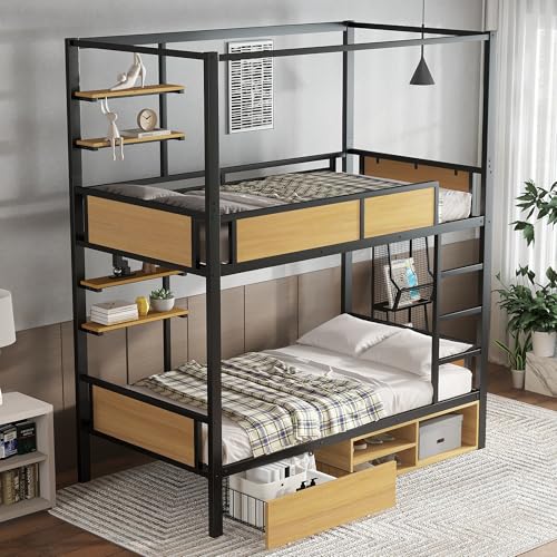 Letto a castello, 90 x 200 cm, letto in ferro, doppio ripiano sul lato letto, ringhiere e scale stabili, spazio sotto il letto, tenda da letto può essere montata sul letto superiore, nero+naturale