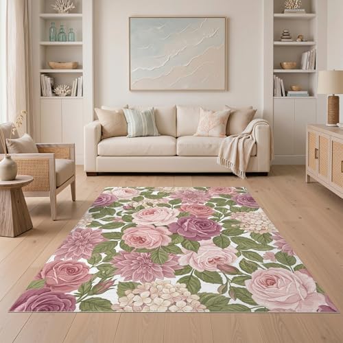 ODIKA 5'x7' Washable Watercolor Leaf Area Rug, Dusty Rose Non-Shedding
