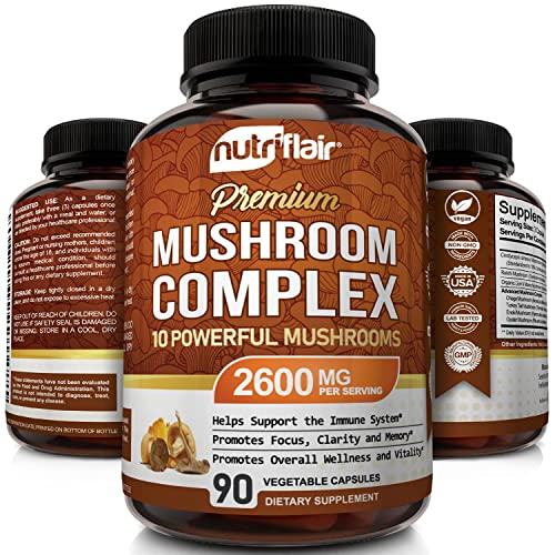 NutriFlair Mushroom Supplement 2600mg, 90 Capsules - 10 Mushrooms Blend - Reishi, Lions Mane, Cordyceps, Chaga, Turkey Tail, Maitake, Shiitake, Oyster Nootropic Complex - Brain, Energy, Focus Pills - Image 4