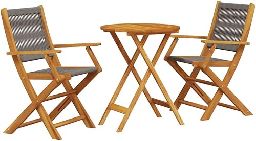 Miniatura 2 de Grey 35.8" Round Acacia Wood Bistro Set with Foldable Chairs, Modern Outdoor Patio Furniture for Garden, Balcony, Sunroom, Small Spaces, 2-Person