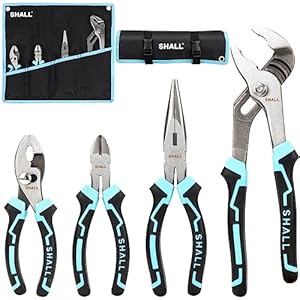 SHALL 4-Piece Pliers Set, Pliers Tool Set, 6″ Diagonal Cutting Plier, 8″ Long Nose Plier, 6″ Slip-Joint Plier & 10″Groove-Joint Plier, Two-Color TPR Handle, Roll Up Storage Pouch Included