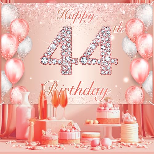 Image of Happy 44th Birthday Rose Gold Banner Cheers to 44 Years Old Backdrop Confetti Balloons Theme Decor for Women 44 Years Old Pink Birthday Party Decorations Bday Supplies Background Favors Gift Glitter