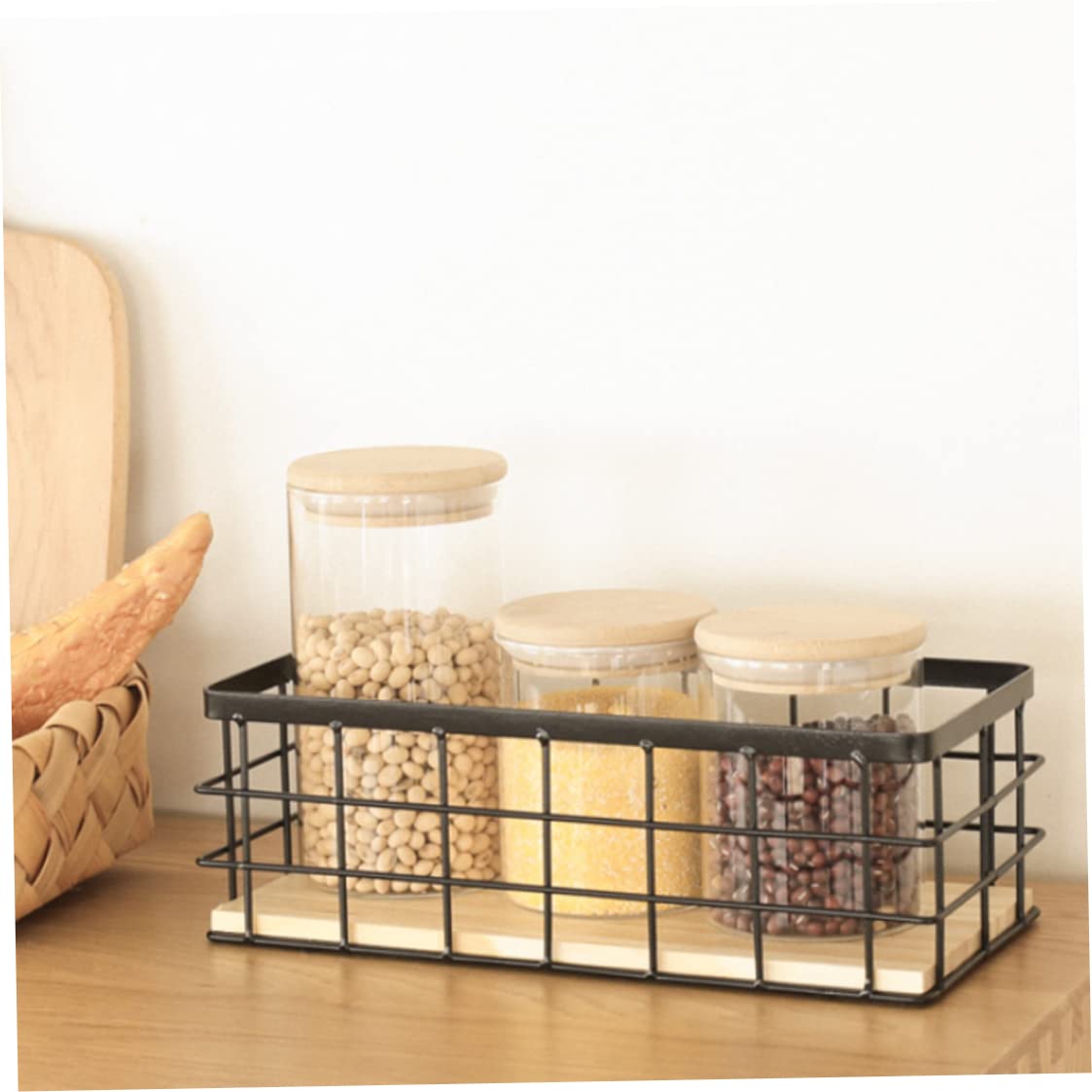 KUYYFDS Wire Storage Baskets with Wood Base Rectangular Desktop Wall Hanging Metal Basket Solid Color Minimalist Baskets for Home Kitchen Bathroom Accessories