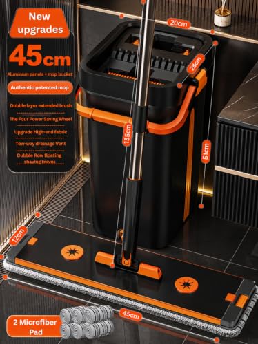 Image of Mop Heavy Quality Floor with Bucket, Flexible Kitchen tap Flat Squeeze Cleaning Supplies 360 Flexible Head /2 Reusable Pads Clean Home Effective for Floor Cleaning V300