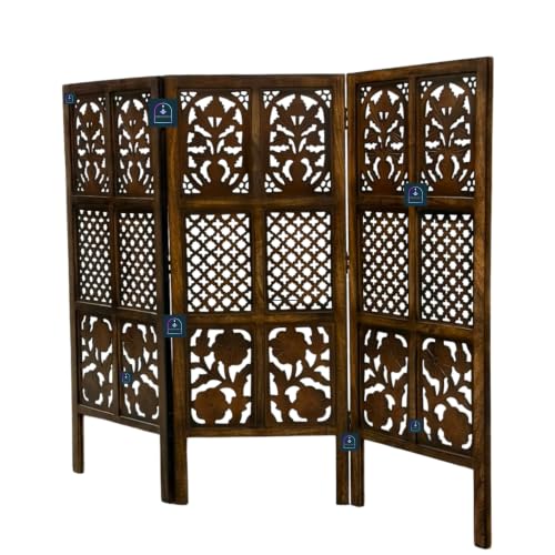 Image of Wooden Room Partition Screen with Burnt Wood Finish | Hand Buffed Traditional Handicraft Room Divider | 6 Ft Height Indoor Room Separator (3 Panel 4 Feet)