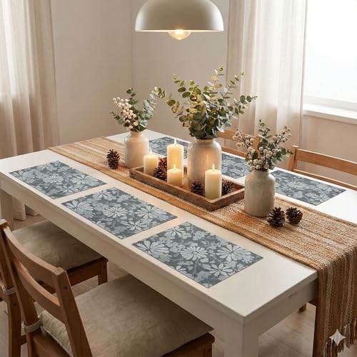 Image of YELONA Placemats for Dining Table - Heat Resistant, Non-Slip & Washable PVC Vinyl Table Mats - Set of 6, 45 x 30 cm (Grey & White)