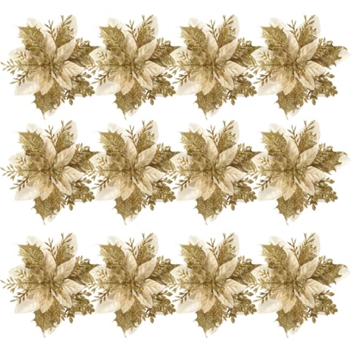TOYANDONA 12Pcs di Natale di Scintillio Poinsettia Fiori Artificiale Poinsettia Fiori di Natale Oro Albero di Natale Ornamenti con Steli E Clip per La di Natale Decorazioni di Nozze