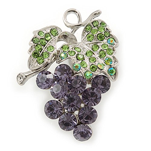 Avalaya Broche en plaqué rhodium Motif grappe de raisin Lavande et cristal vert 45 mm