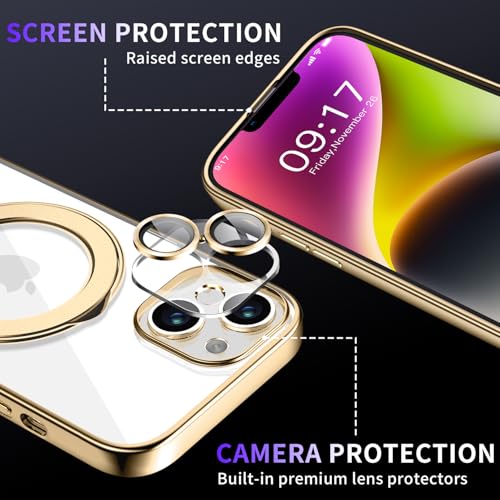 Image of Magnetic for iPhone 14 Case with Invisible Stand[Compatible with MagSafe][Full Camera Lens Protector][Military Drop Protection] Shockproof Not Yellowing Clear Slim Soft for Women Men