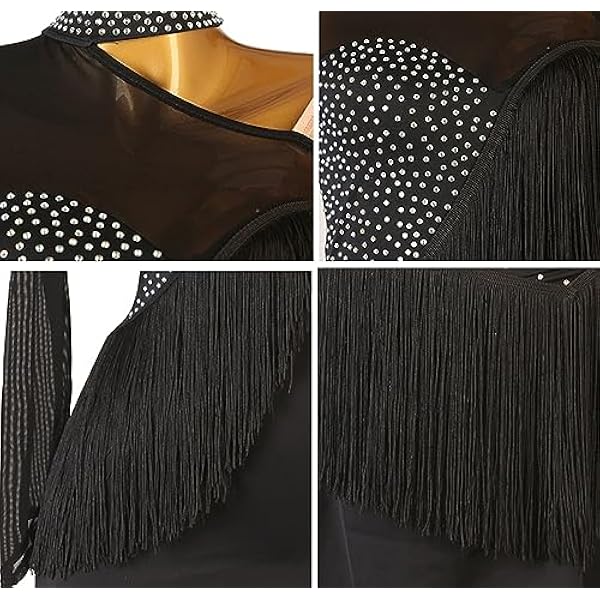 Dames Latin Dans Jurk Schuine Schouder Enkele Mouw Nationale Norm Latin Danswedstrijd Kostuum Kwastje Strass Netstof Doorschijnende Dansjurk