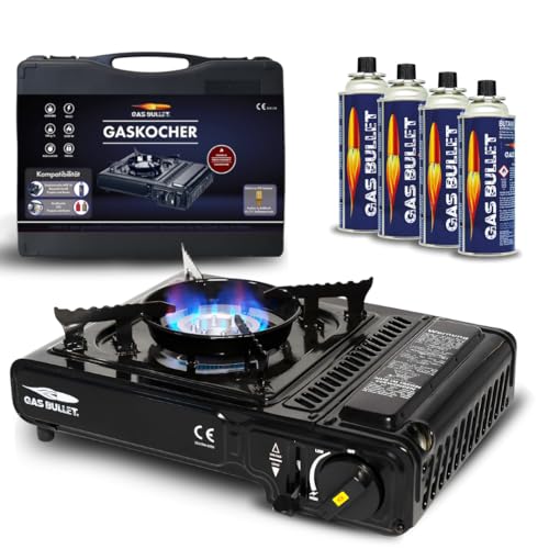 Gas Bullet ® Universaler Gaskocher + 4 Kartuschen | Für 227g Ventilkartuschen | Mit Piezo-Zündung | Kompakt & leicht | Perfekter Outdoor-Kocher für Camping, BBQ & Abenteuer (Gaskocher + 4 Kartuschen)
