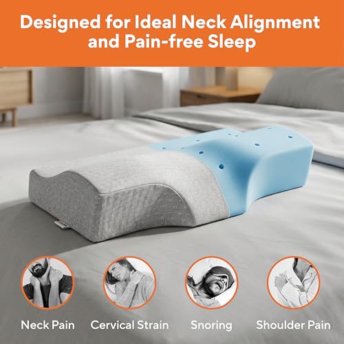 Image of FOVERA Memory Foam Cervical Pillow for Neck Pain | Orthopedic Contour Neck Support Pillow for Sleeping, for Neck and Shoulder Pain, Dual Height (Grey Jacquard Cover, Pack of 1)
