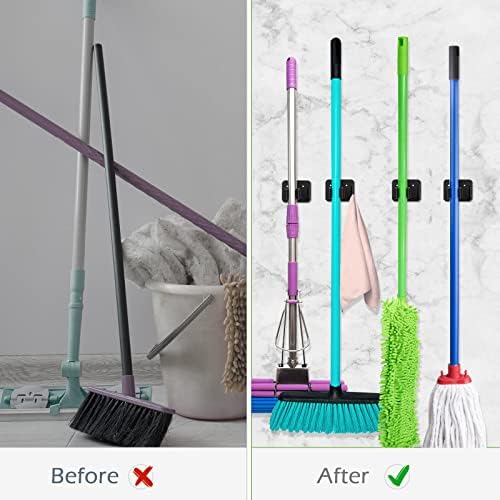AirCover Mop and Broom Holder Wall Mounted. Non-slip Stainless Steel Broom Gripper Mop Hanger Brush Holder Hook Self Adhesive. Organization and Storage for Home Garden Garage Kitchen Laundry Room