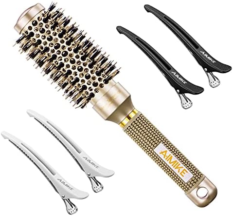 AIMIKE Round Brush, Nano Thermal Ceramic & Ionic Tech Hair Brush, Small Round Barrel Brush with Boar Bristles for Blow Drying, Styling, Curling and Shine (2.4 inch, Barrel 1.3 inch) + 4 Free Clips