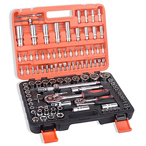 108 Piezas Juego de Llaves de Vaso Profesionales Llave de Carraca Reversible de 1/2"y 1/4"Kit de Herramientas Mecánicas para El Auto para Reparación de Automóviles y Viviendas Cover