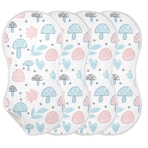 Blue Mushrooms Muslin Burp Cloths 22x11 Inch - 4-Layer Organic Cotton & TPU Waterproof Lining, Absorbent Baby Bibs for Boys/Girls with Hanging Loop3