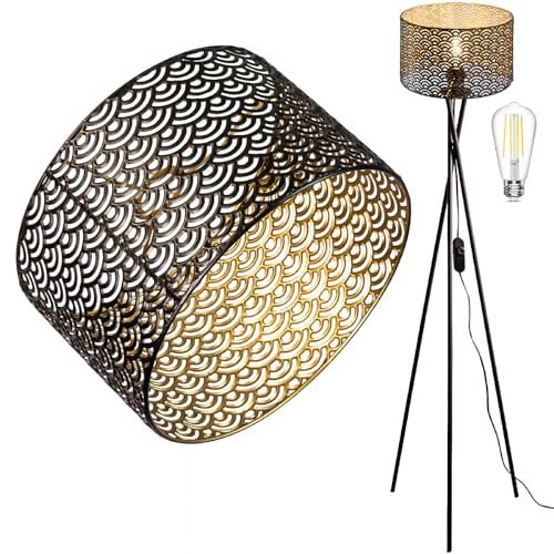 Osasy Lampadaire Trépied LED, 4 Niveaux de Hauteur Réglable, Abat-jour Design Motif Vague, Variateur d'Intensité,Design Vintage, Noir