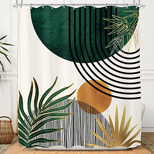 KOMLLEX Mid Century Green Boho Shower Curtain, Abstract Modern Shower Curtains for Bathroom, Plant Botanical Minimalist Leaf Arch Sun Fabric Liner Waterproof Polyester 12 Pack Hooks 60Wx72L Inches