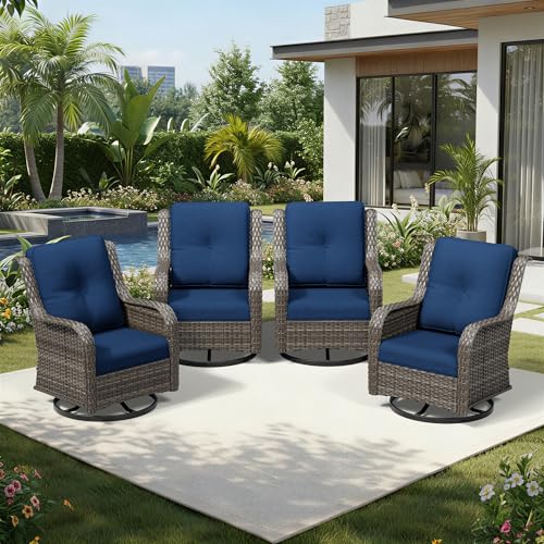 Image of Joyside 4 Piece Outdoor Swivel Rocker Patio Chairs, Wicker Patio Furniture with High Back, Deep Seating, Wide Armrest, Thickened Cushions, Outdoor Rattan Furniture for Deck, Porch Use