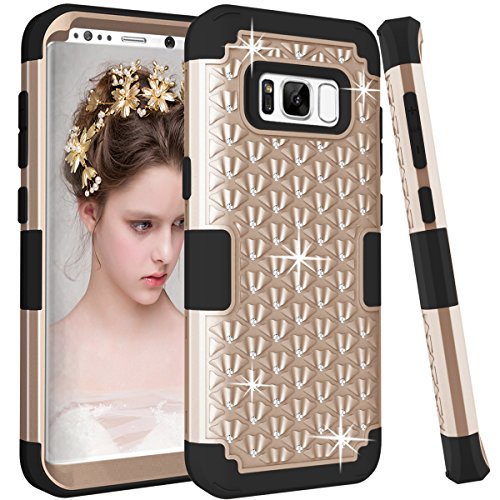 Artfeel Bling Briller Coque pour Samsung Galaxy S8 Plus, Mode 3 en 1 Hybride Plastique Dur + Silicone Souple avec Cristal Strass Diamant Étui Anti-Rayures Antichoc Armure Housse,Or + Noir