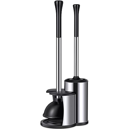 Toilet Plunger and Brush, 2 in 1 Toilet Plunger Set with Holder - Powerful Pump & Unique Water Storage Design, 304 Stainless Steel Plunger and Toilet Brush Combo for Bathroom