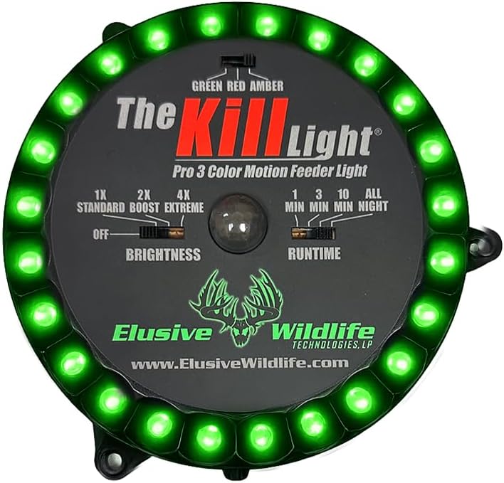 Elusive Wildlife Kill Light 3-Color Feeder Light – Motion Activated Hunting Light for Deer & Hog Feeders – Red, Green & Amber LED – Solar or Battery Powered Outdoor Game Light