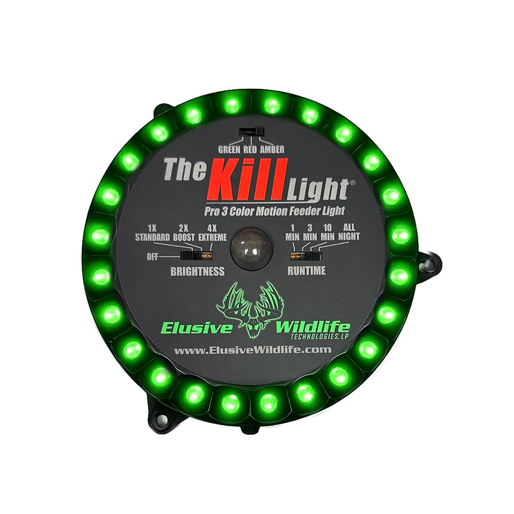 Elusive Wildlife Kill Light 3 Color Feeder Light - Best Hunting Light for Deer Feeders/Hog Hunting - Motion Activated, Portable, Red Green and Amber - Powered by Batteries or Solar Panel