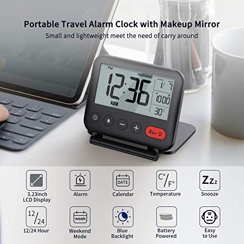 NOKLEAD Digital Travel Alarm Clock – Mini Portable LCD Display Clock with Backlight Calendar Temperature Snooze 12/24H Makeup Mirror, Small Folding Battery Operated Desk Clock for Kid Bedroom (Black)