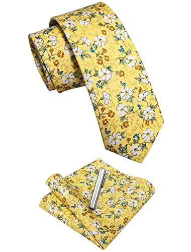 Image of YourTies Cotton Floral Tie for Men 2.5 inch Printed Skinny Necktie Pocket Square Tie Clip Set Flower Wedding Party Groom