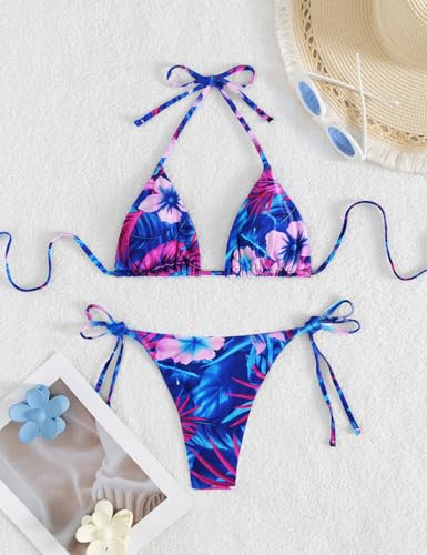 Image of Tainehs Women's Sexy Halter Thong Bikini Tie Two Sides Bottom Triangle Bikini Swimsuits