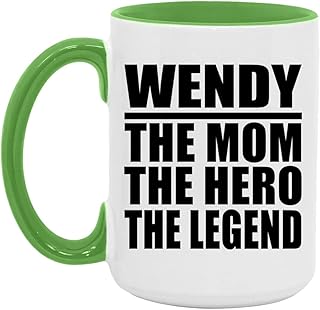 Gifts, Wendy The Mom The Hero The Legend, 15oz Accent Coffee Mug Green Ceramic Tea-Cup with Handle - for Birthday Anniversary Christmas Mothers Day Fathers Day Party, to Men Women Him Her