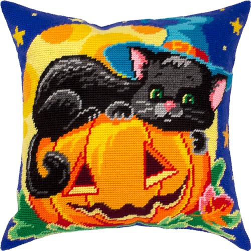 Image of Brvsk Autumn Needlepoint Kit for Adults and Beginners - Halloween Cat 16″ x 16″ with Clear, Precise Printed Design on Cotton Canvas; Includes 2 Needles, Yarn, and Easy-Read Chart