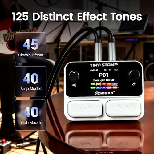 Image of SORAN JME-03A Tiny Stomp Multi Effects Guitar Pedal, 125 Effects, 99 Presets, 10 Modules, 40s Looper, 100 Drum Rhythms, 20 IR /NAM Slots, USB Audio, Rechargeable Pocket Pedal for Guitar and Bass